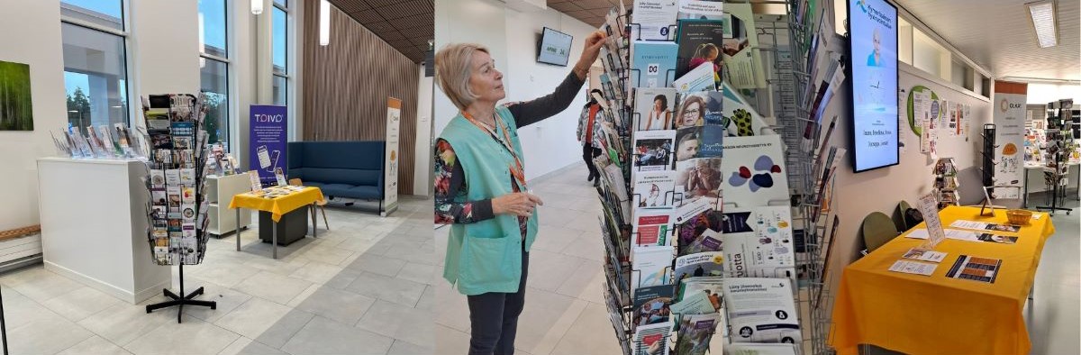 Kuvakollaasi, jossa keskellä OLKAn vapaaehtoinen asettelee esitteitä lehtihyllyyn. Vapaaehtoisella on yllään OLKAn vaaleanvihreä, vapaaehtoisen liivi ja OLKAn oranssi kaulanauha. Kollaasin reunoilla näkyy Kymenlaakson OLKA-pisteet.