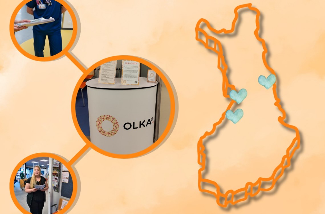 Piirroskuvassa Suomen kartta, jossa täppä Pohjois-Pohjanmaan OLKAn pisteiden kohdalla. Lähikuvia pisteiden ulkoasusta.