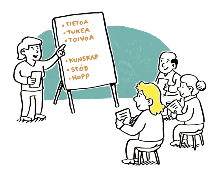 Piirroskuva koulutuksesta. Osallistujat istuvat kuuntelemassa puhujaa, joka osoittaa fläppitaulua. Taululle on kirjoitettu sanat tietoa, tukea, toivoa.