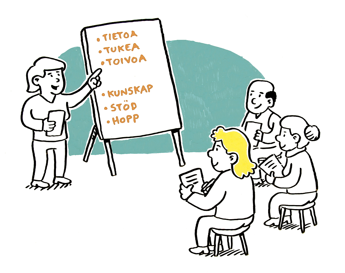 Piirroskuva koulutuksesta. Osallistujat istuvat kuuntelemassa puhujaa, joka osoittaa fläppitaulua. Taululle on kirjoitettu sanat tietoa, tukea, toivoa.