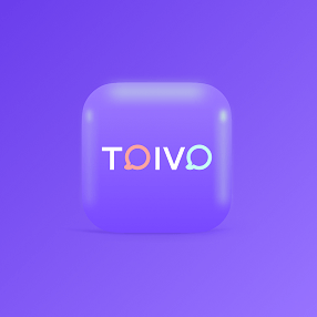 Toivo-sovelluksen logo. Violetilla taustalla violetti, pyöreäkulmainen 3d-puhekupla, jonka keskellä lukee "toivo".